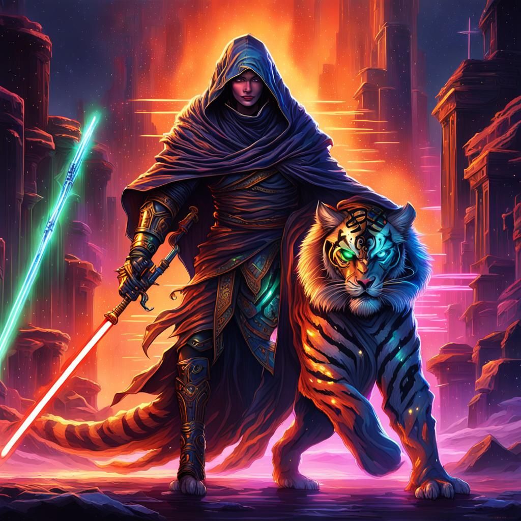 Neon Arabian Jedi Knight on Armored Tiger