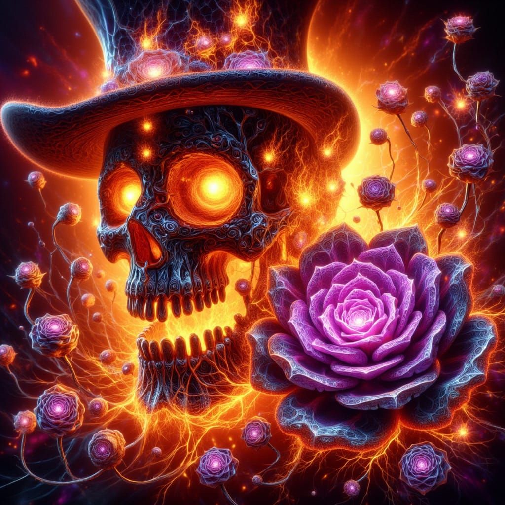 Flaming Skull in Victorian Hat with Fractal Flames