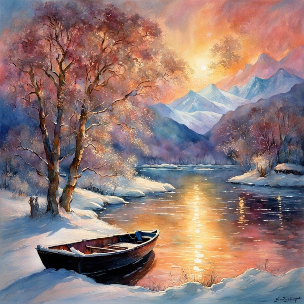 Sparkling Ice Crystals Landscape in Watercolor and Ink