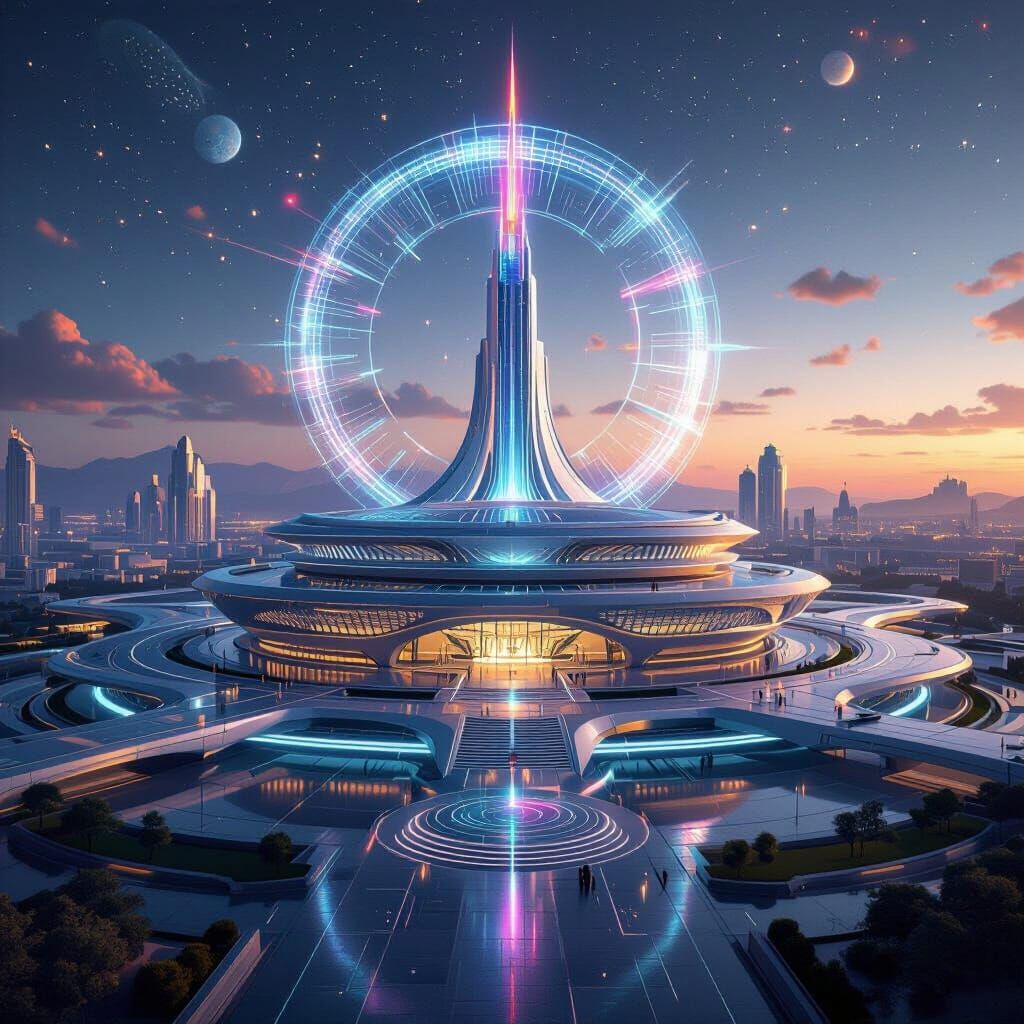 Futuristic Parliament Building with Energy Spire