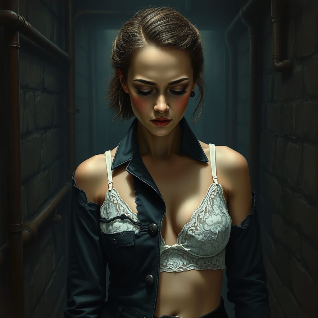 Vulnerable Woman in a Tattered German Uniform, Fading Beauty...