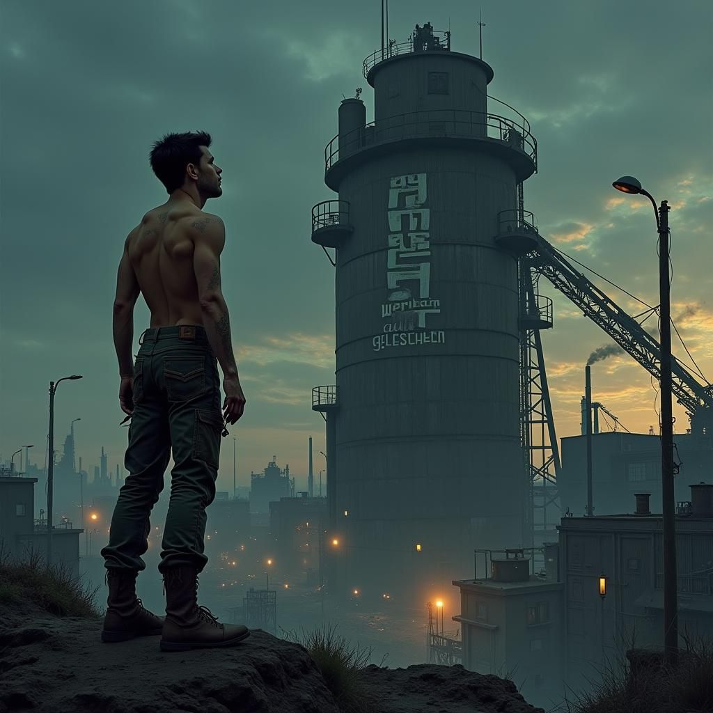 Industrial Dusk: Man's Worship in Dystopian Cityscape