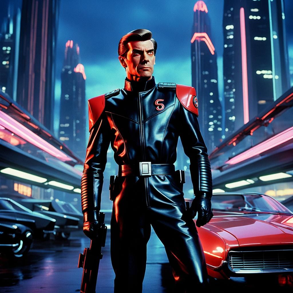 Futuristic Soldier in Neon Cityscape