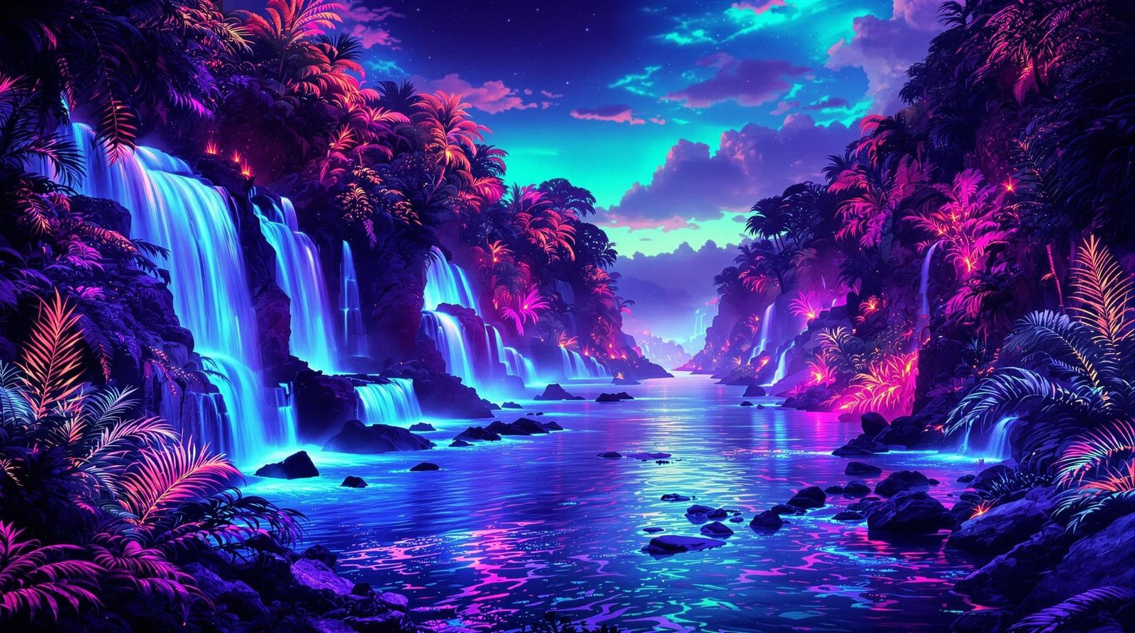 Vibrant Waterfalls and Fiery Reflections in Blacklight Style