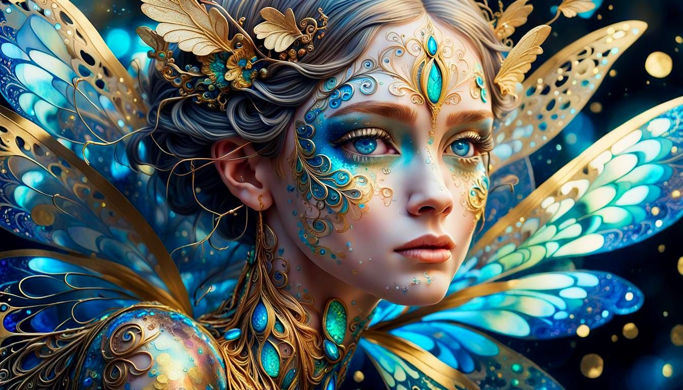 Abalone Fairies with Gold Filigree in Ink Splatter Art