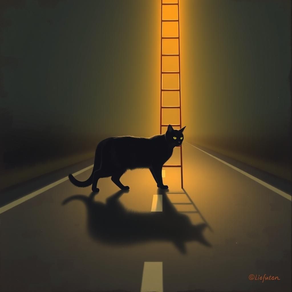 Surreal Black Cat Crossing Under Ladder in OIl Paint