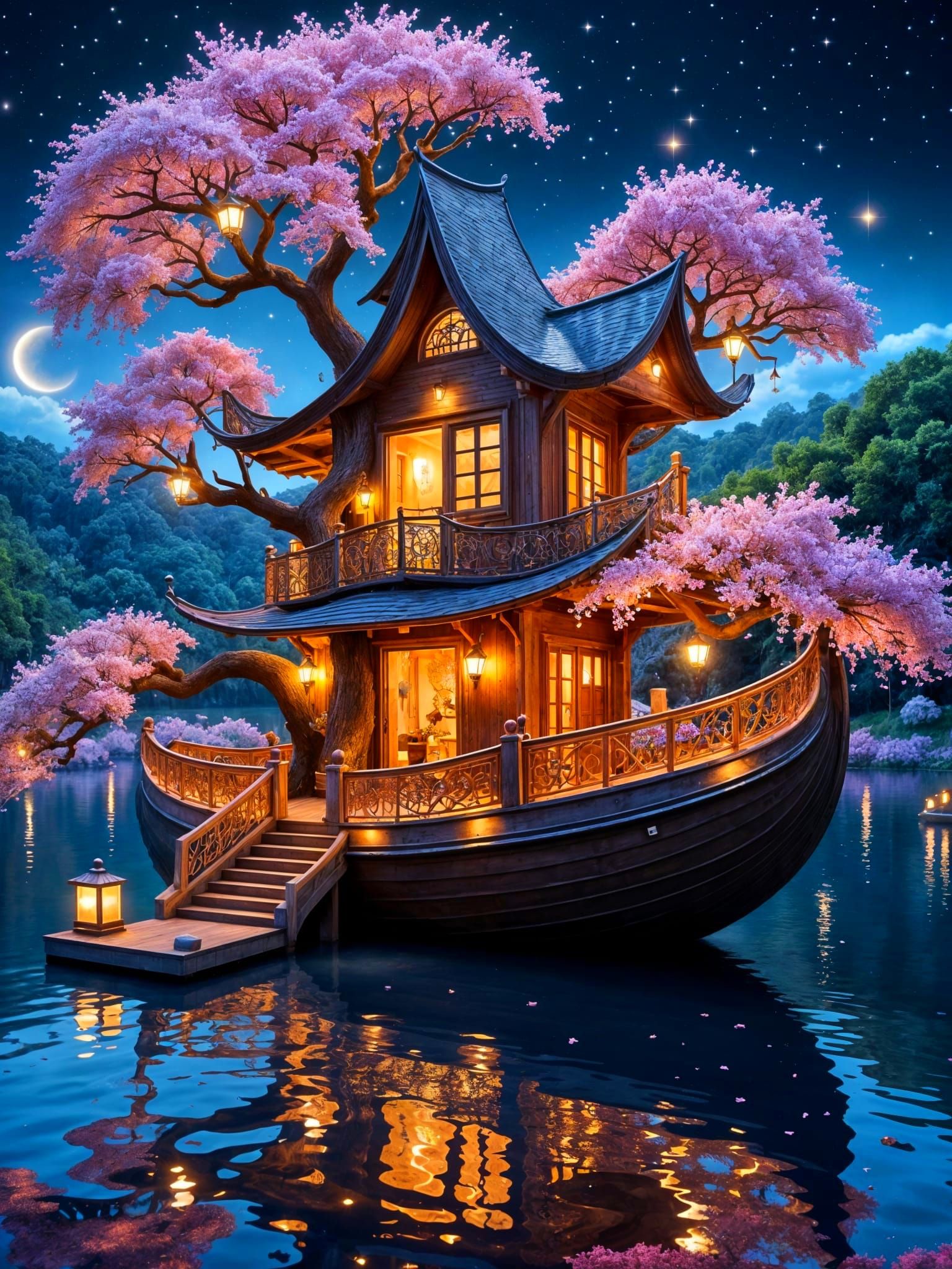 Whimsical Sakura Treehouse Boat Under Spring Night Sky