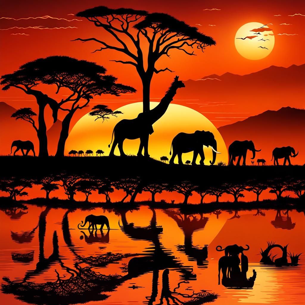 African Sunset: Wildlife at the Watering Hole