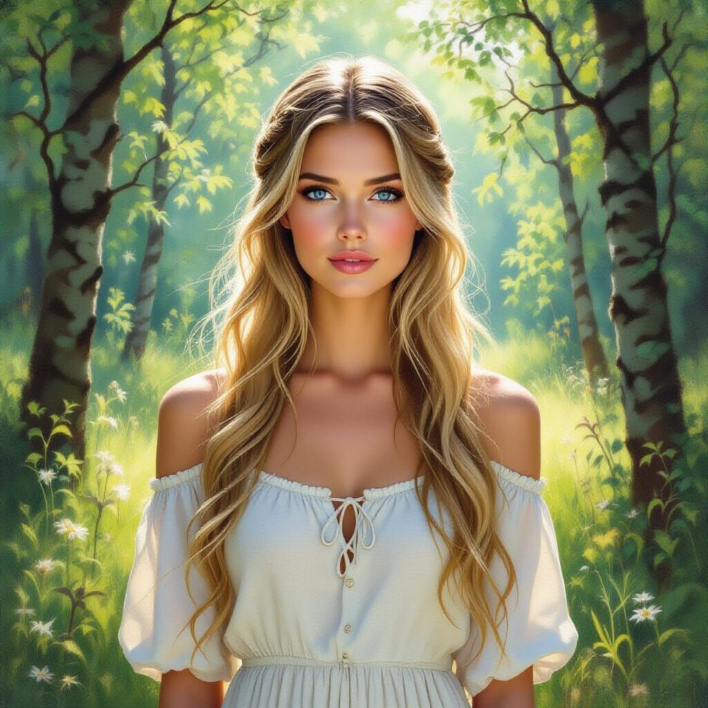 Ethereal Oil Painting of a Finnish Woman in Forest