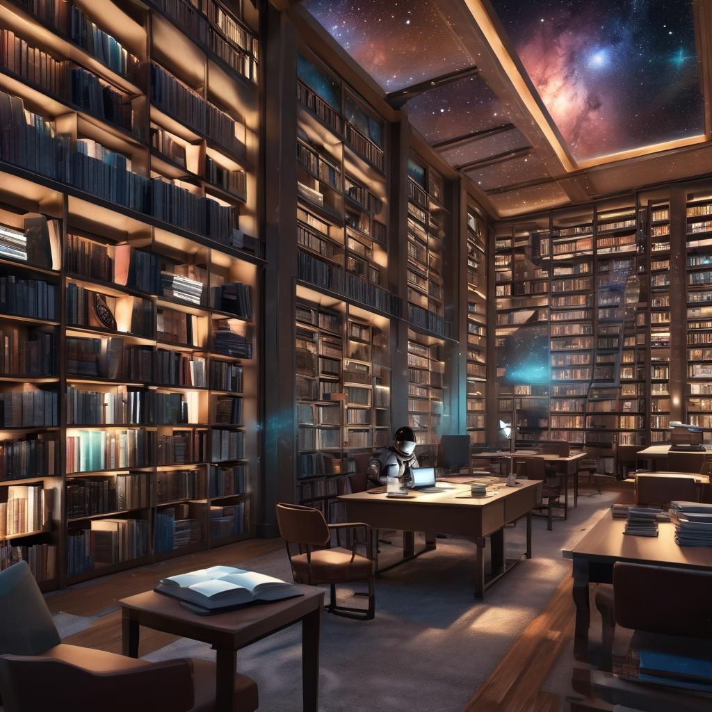 Futuristic Library on Spaceship Gazing at Milky Way