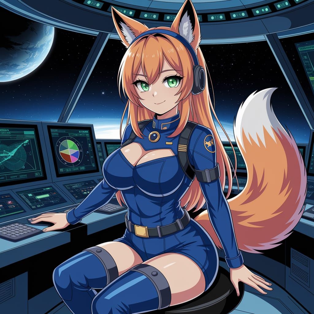Anime Fox Girl Commander in Spaceship Control Room