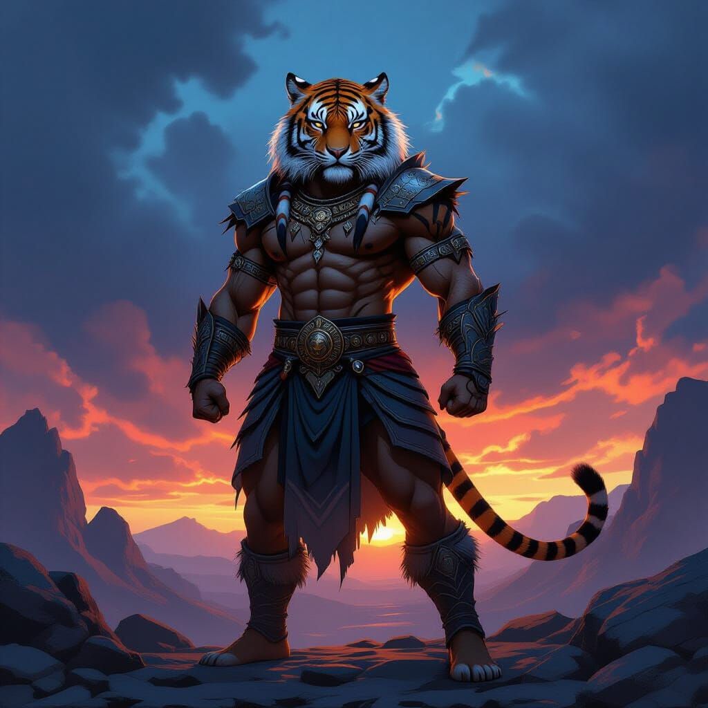 Tiger-Headed Warrior in Tribal Armor