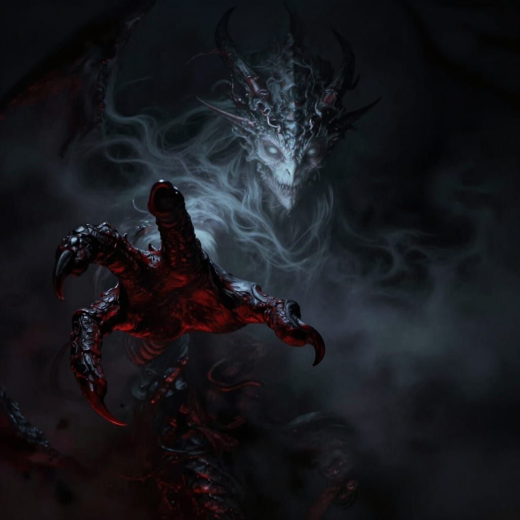 Ethereal Mist Creature Confronts Draconian Hand in Dark Fant...