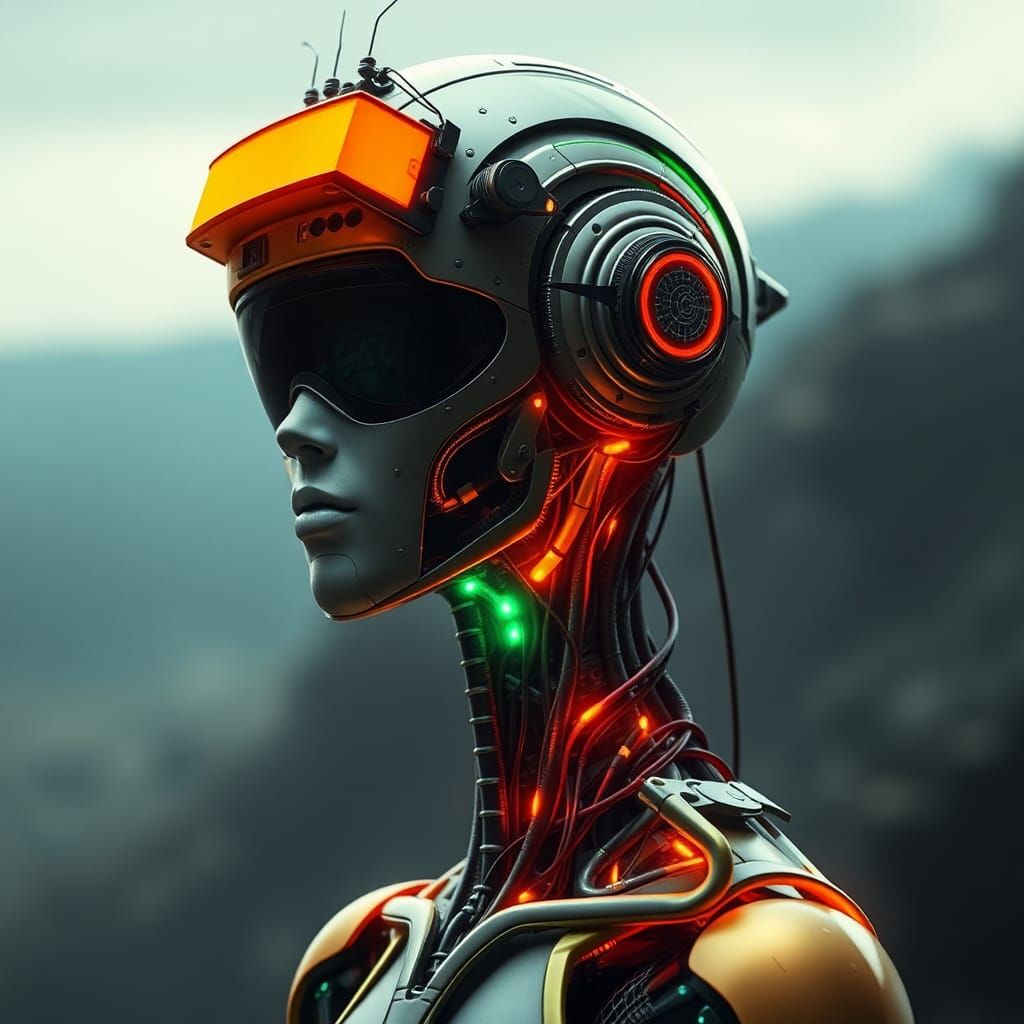 Futuristic Alien Cyborg Warrior in Neon-Lit Armor