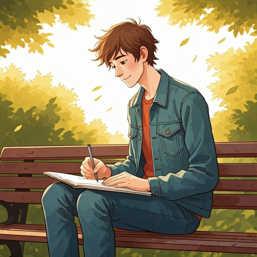 A lanky young man with a mop of unruly brown hair and kind eyes, dressed in a worn denim jacket and faded jeans, sits pe...