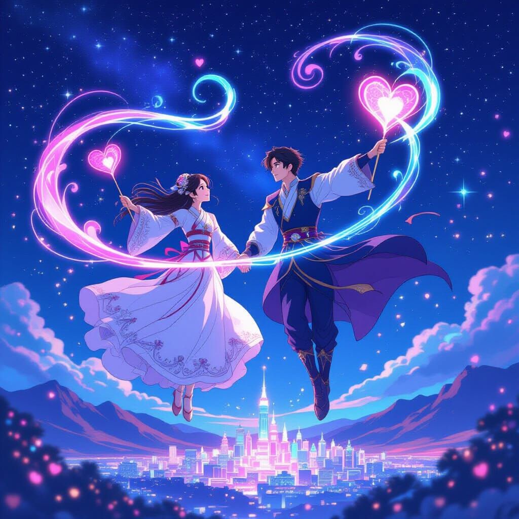 Magical Korean Couple Flying Through Starry Sky