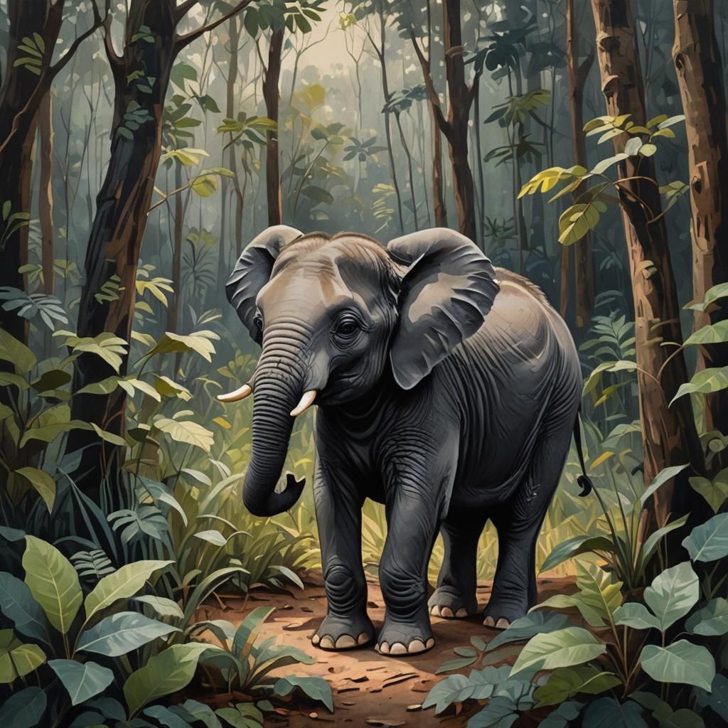 Sri Lankan Elephant Calf in Moody Forest: Gouache Painting