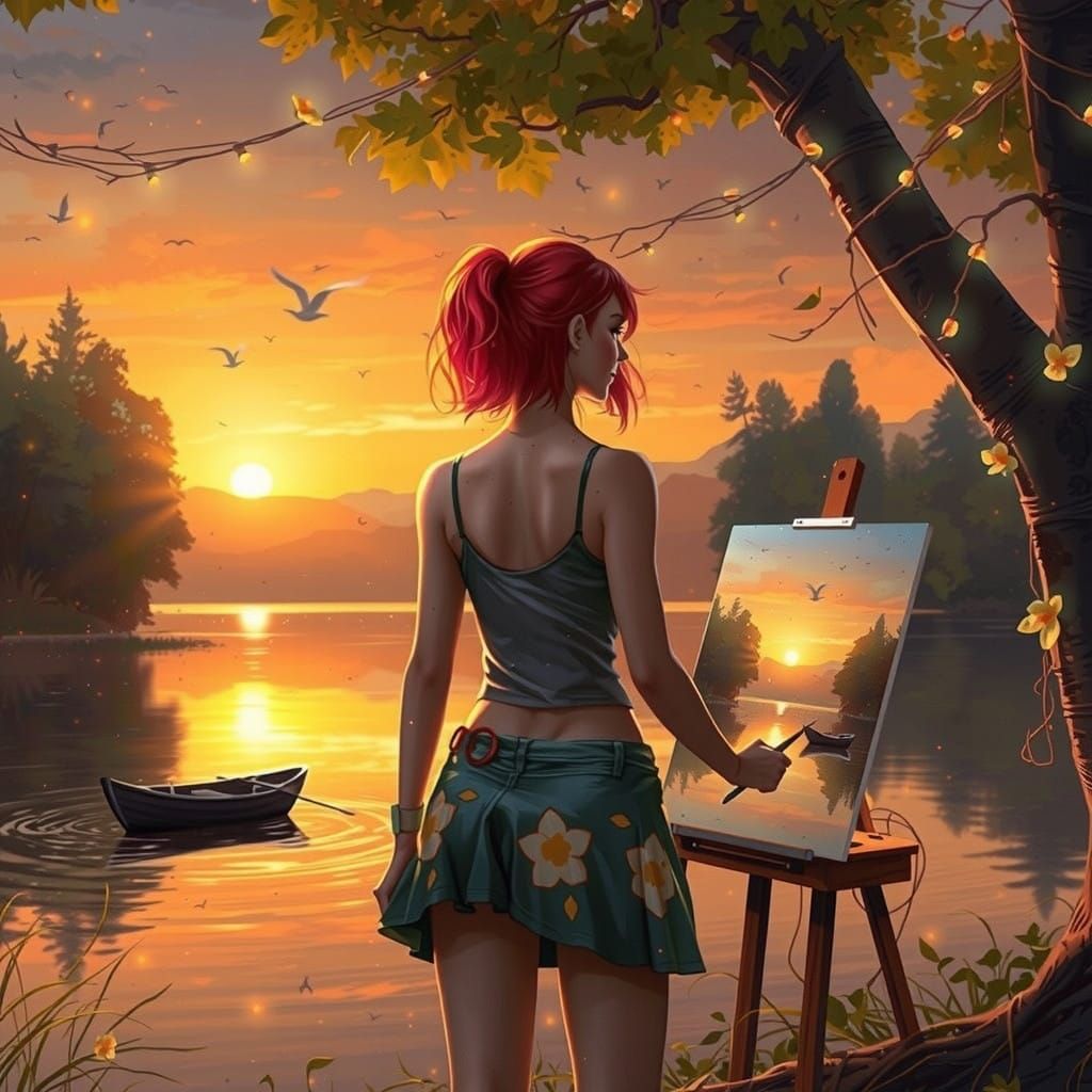 Romantic Sunset Scene with Artist in Idyllic Setting