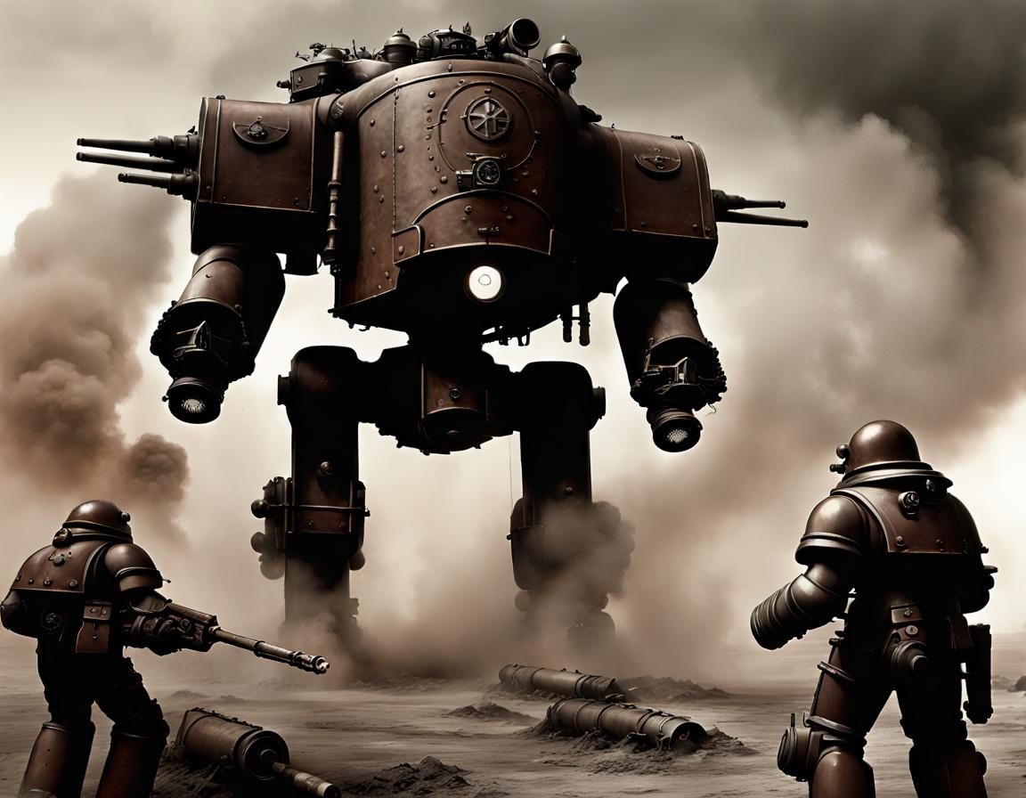 Dieselpunk Dreadnought on a Grim Battlefield