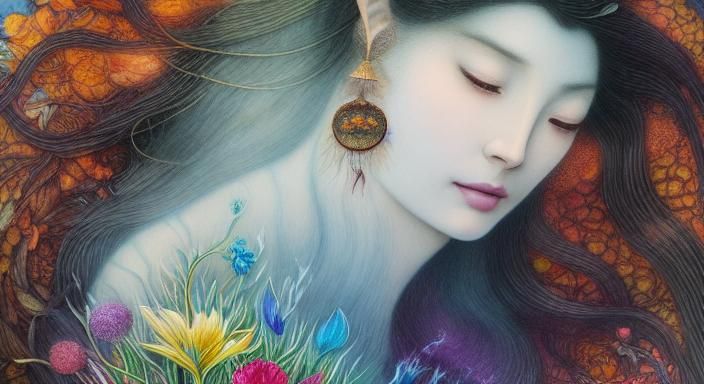 Woman with Flower in Warped Perspective, Etching Style