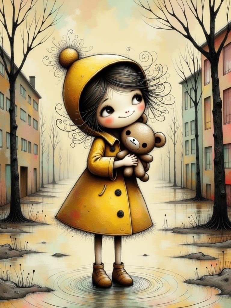 Lonely Child with Toy in Pastel Rainscape