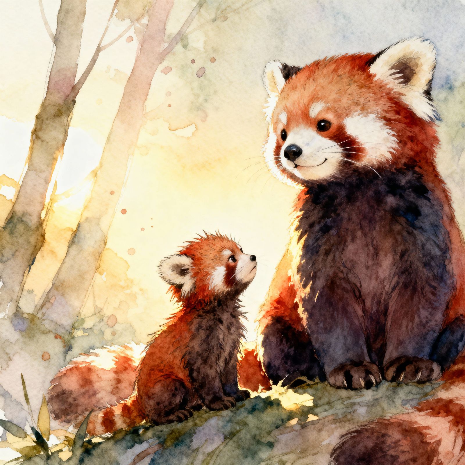 Adorable Red Pandas in Whimsical Forest Watercolor