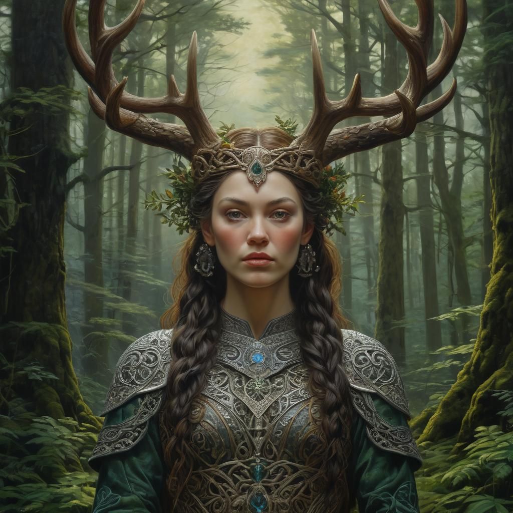 Celtic Deity with Antlers in Oil Painting