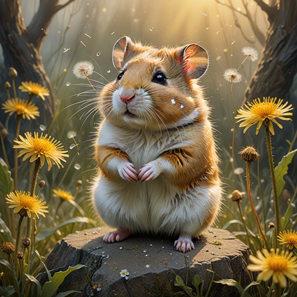 Hamster Sniffs Dandelion in Enchanted Garden Scene