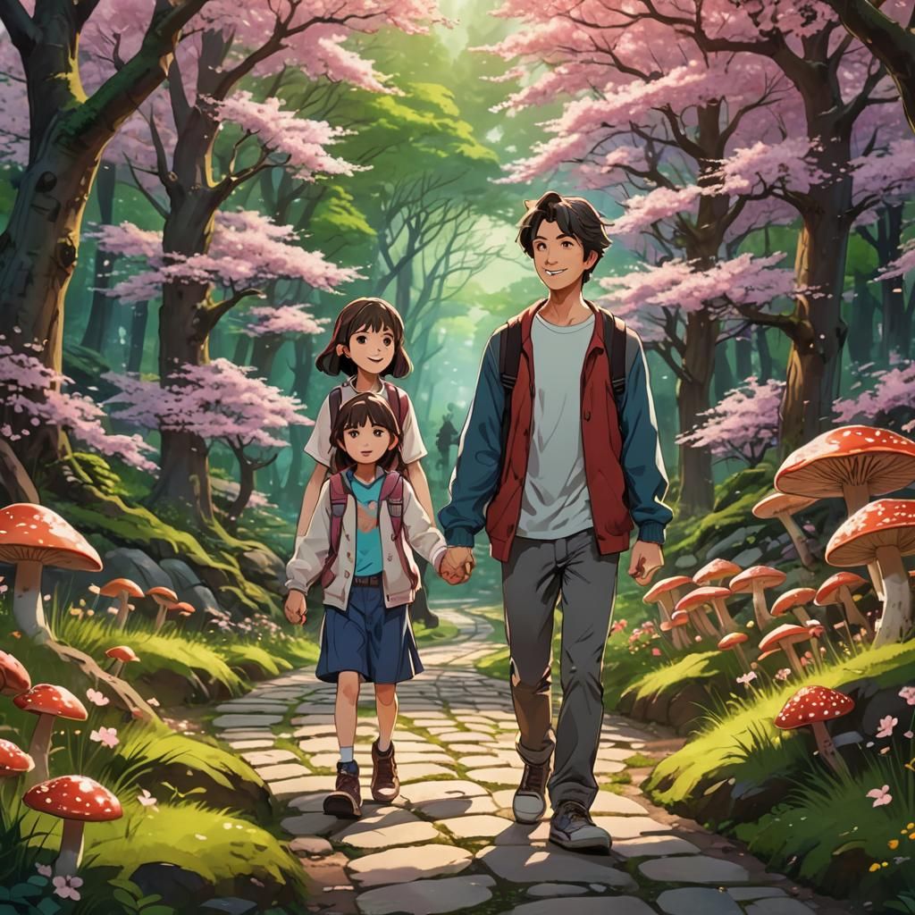 Anime Family Stroll Through Enchanted Forest