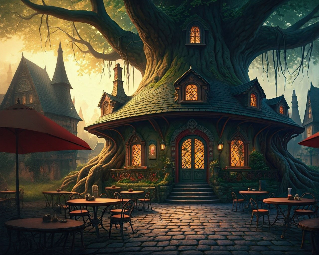 Enchanted Tree Cafe at Sunset Cinematic Film Still