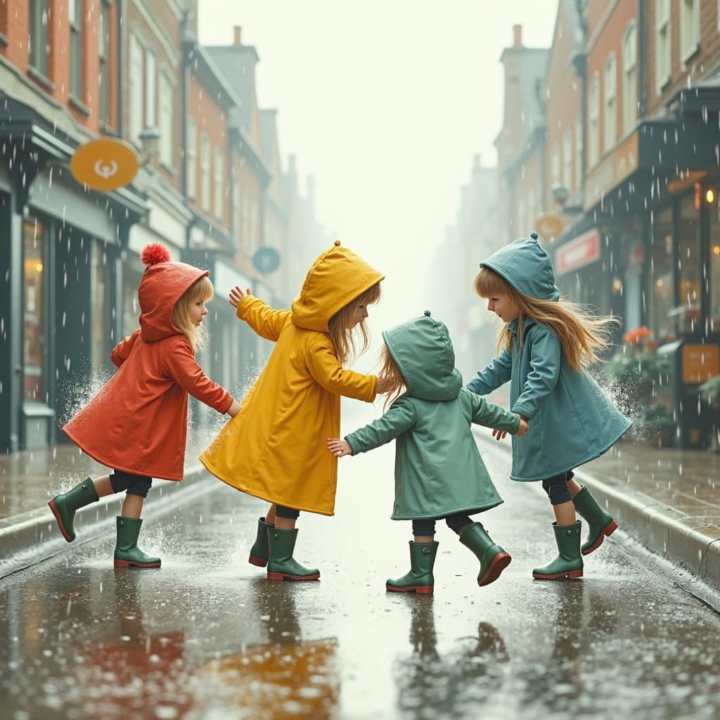 Children's Rainy Day Dance: Whimsical Watercolor Art