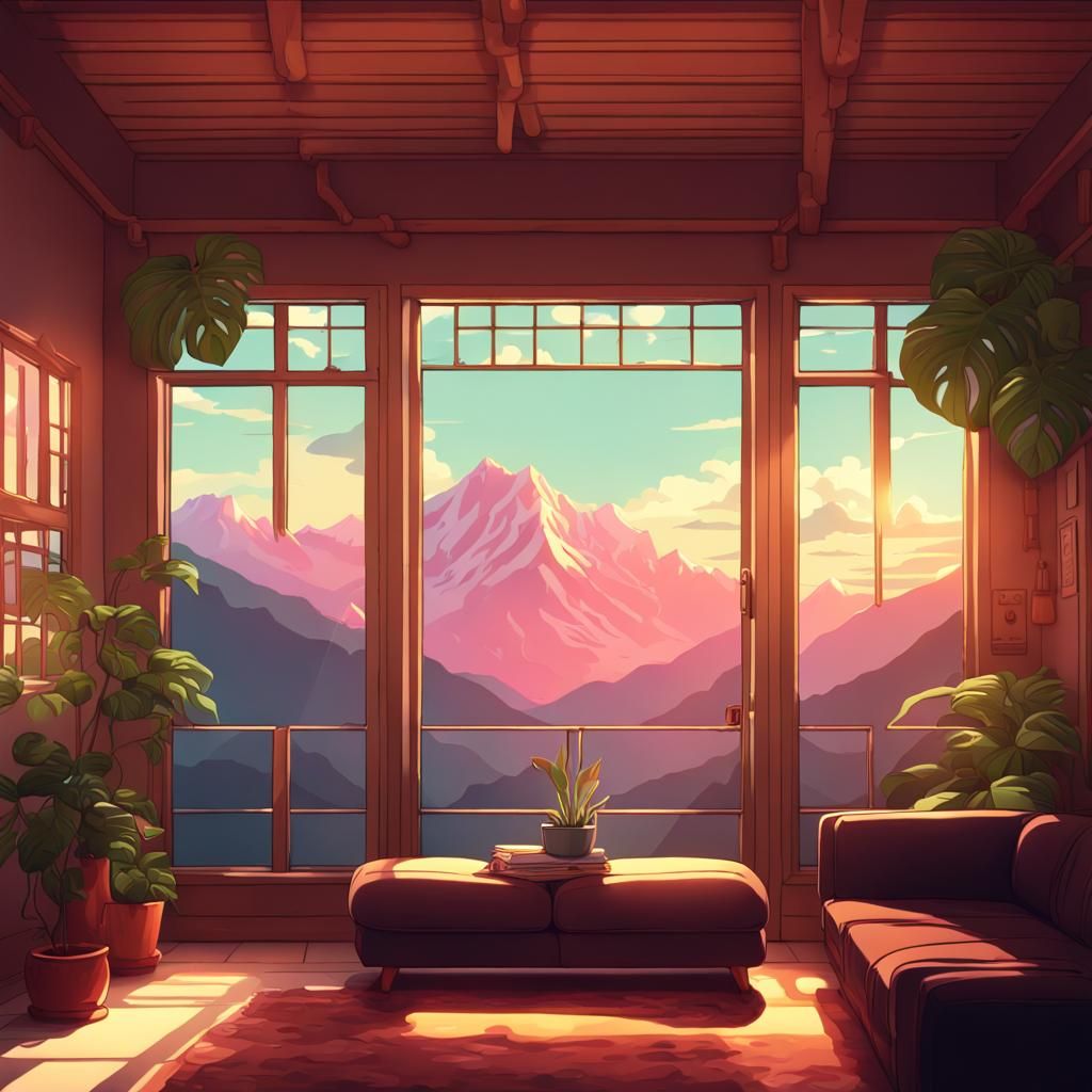 Cozy Lofi Scene with Mountain View, Detailed Matte Painting