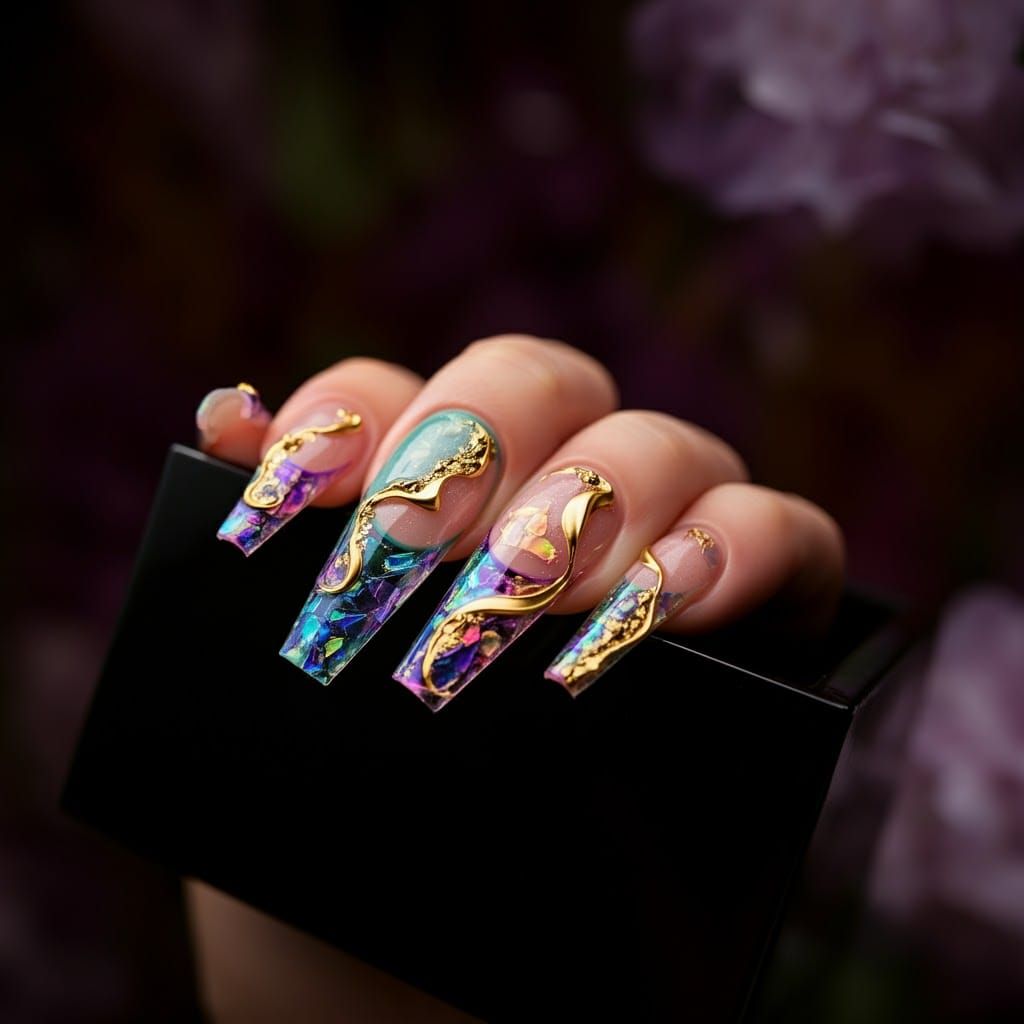 Surreal Glass Nail Art with 3D Gold Accents
