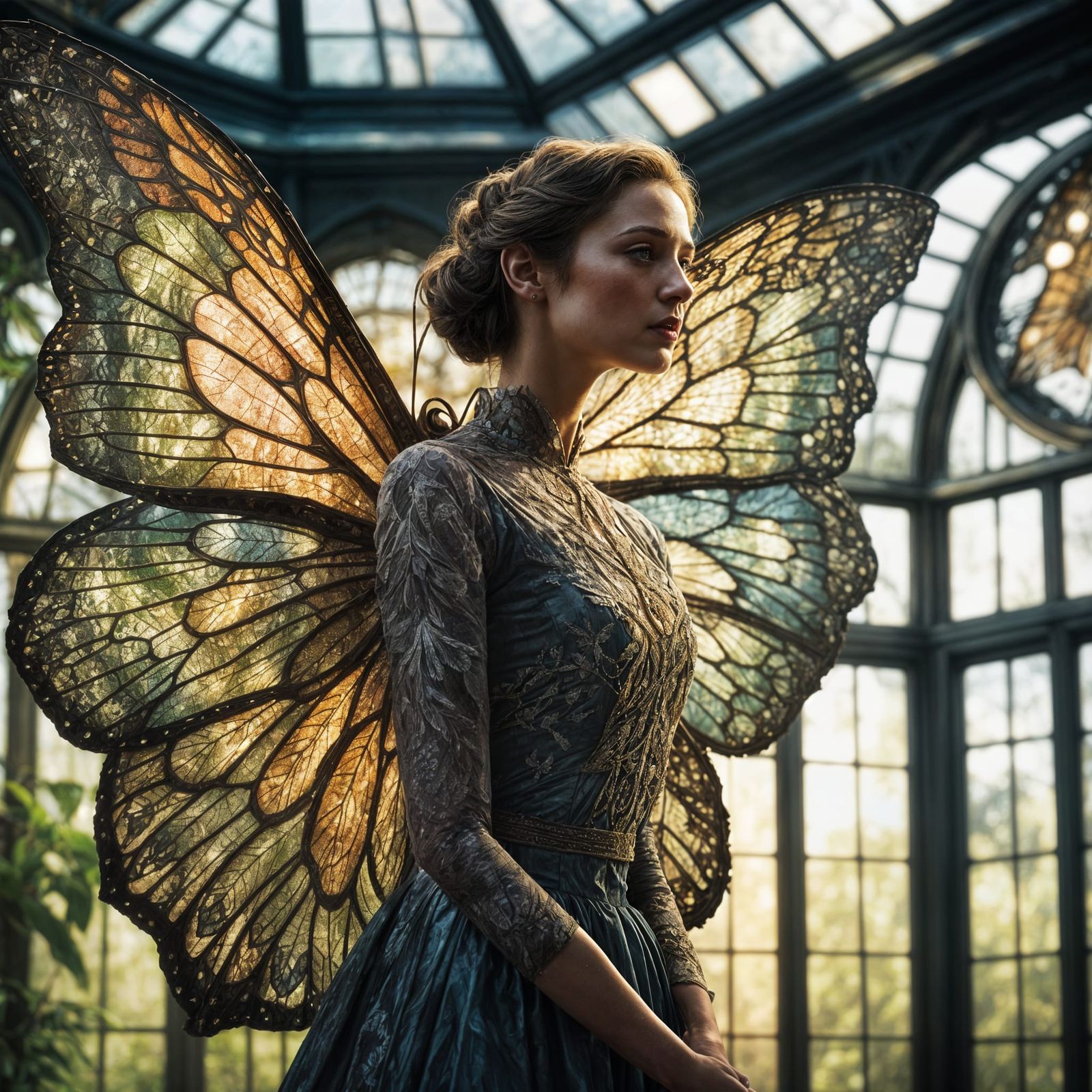Victorian Woman in Moth Wing Dress: Hyperrealistic Art