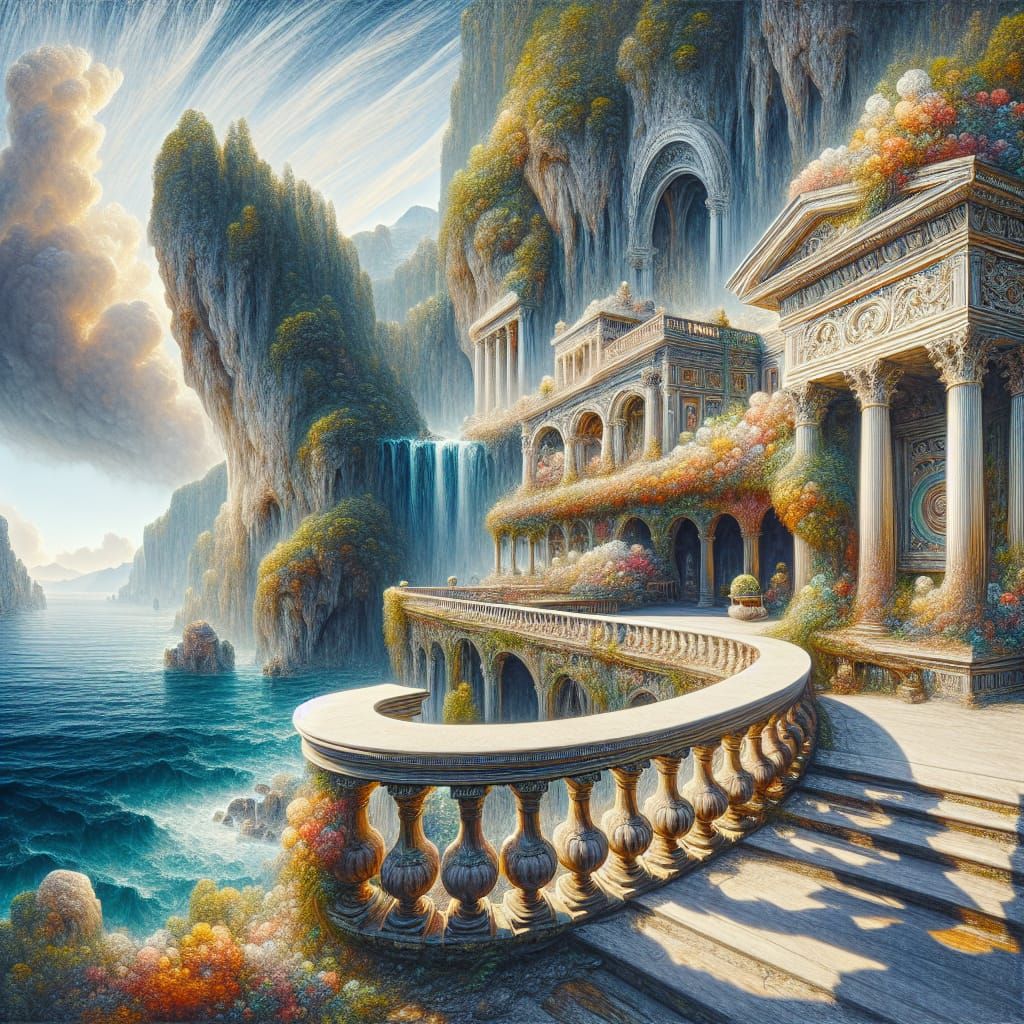 Fantastically Styled Roman Garden on Cliffside in Matte Pain...