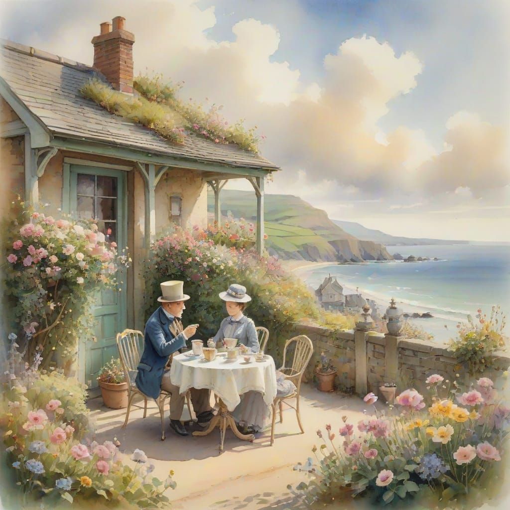 Victorian Couple's Seaside Tea Party: Watercolor Painting