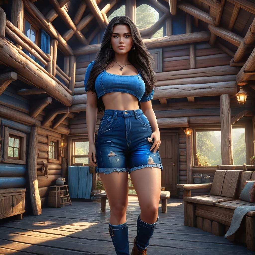 Curvy Woman in Log Cabin: Matte Painting