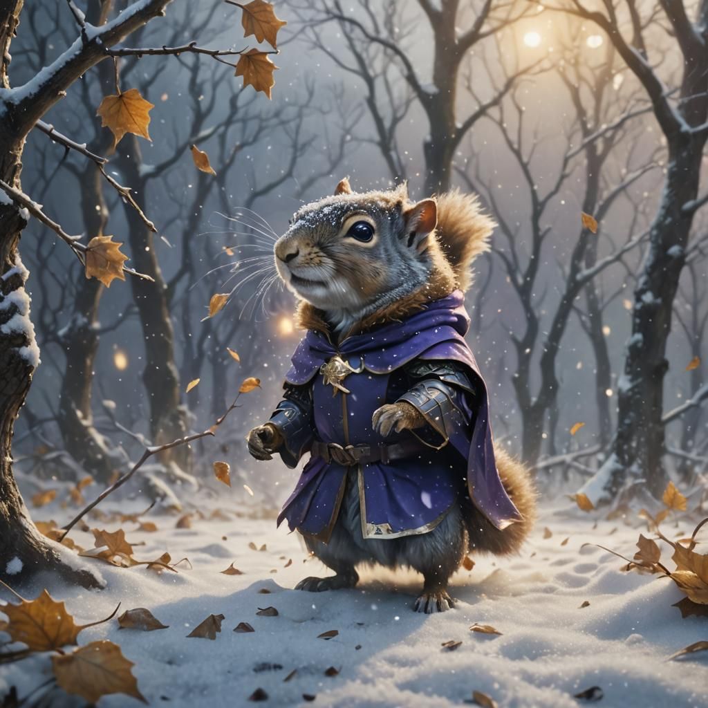 Armored Squirrel in Magical Blizzard, Fantasy Art