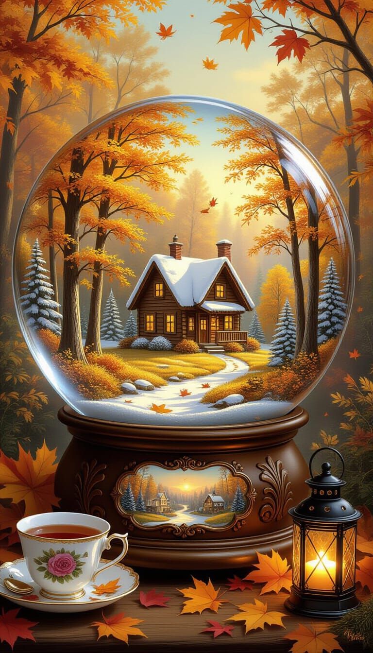 Autumn Forest Scene in Snow Globe Painting