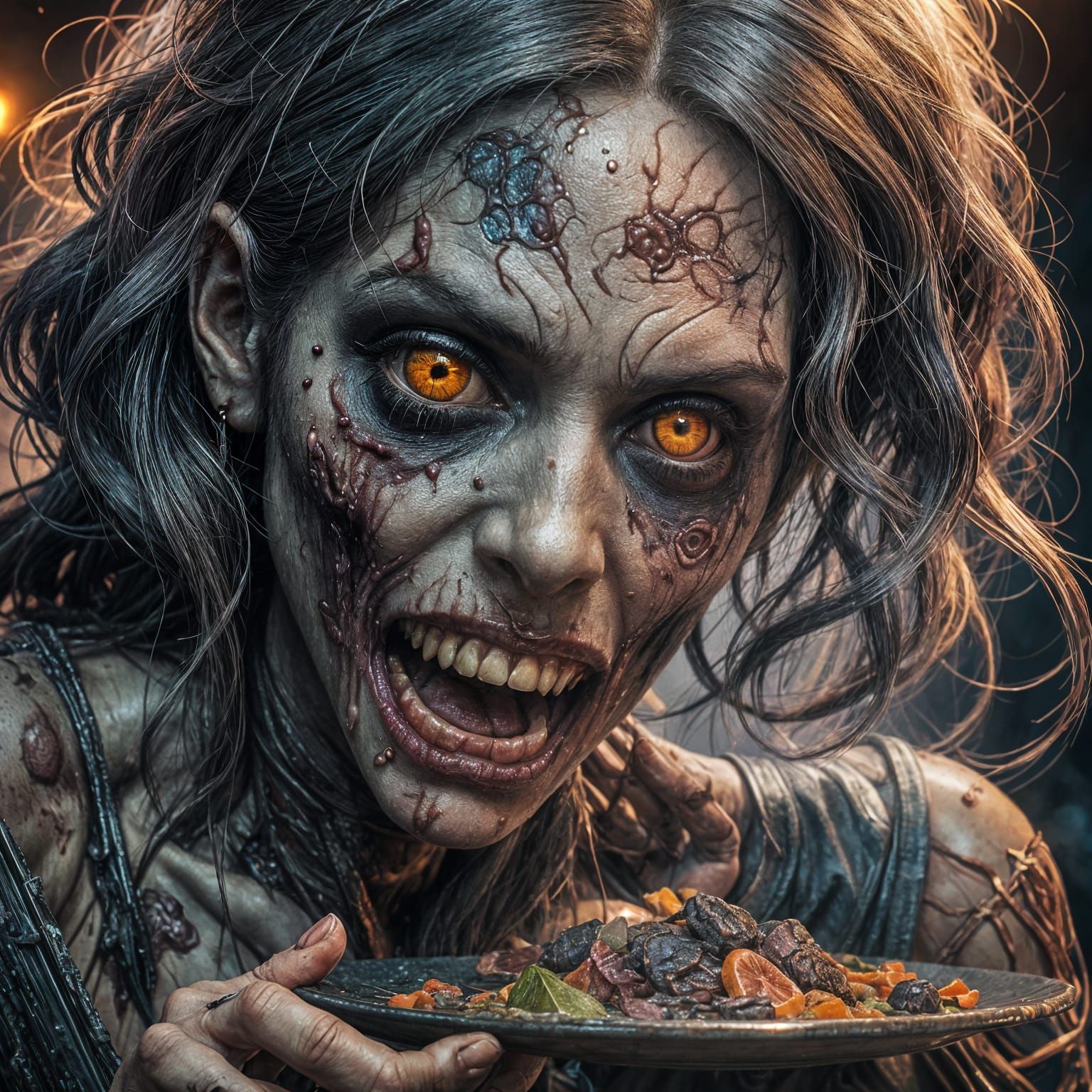 Zombie Girl Eating Brain: Dark Horror Art