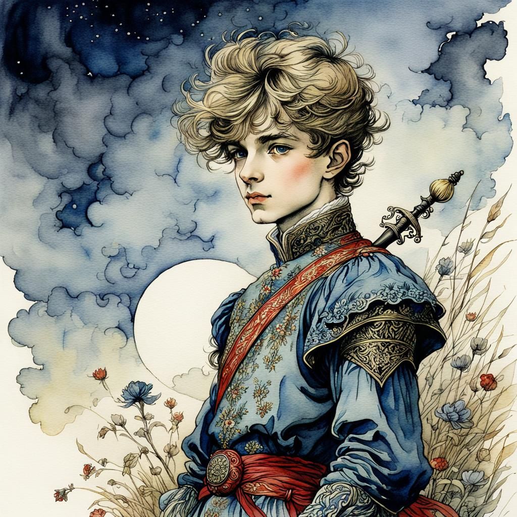 Watercolor Boy Prince Illustration in Rackham Style