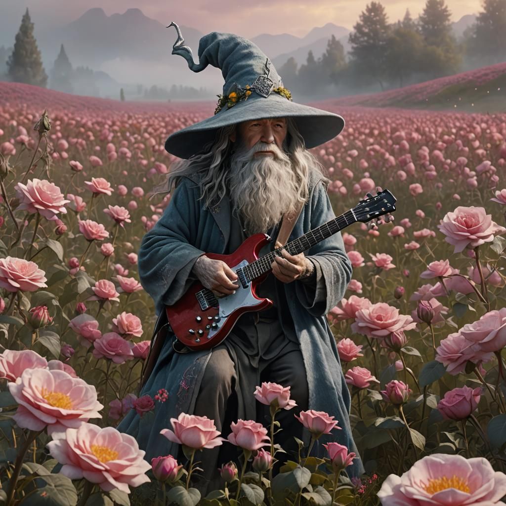 Gandalf playing the guitar in rose flower field