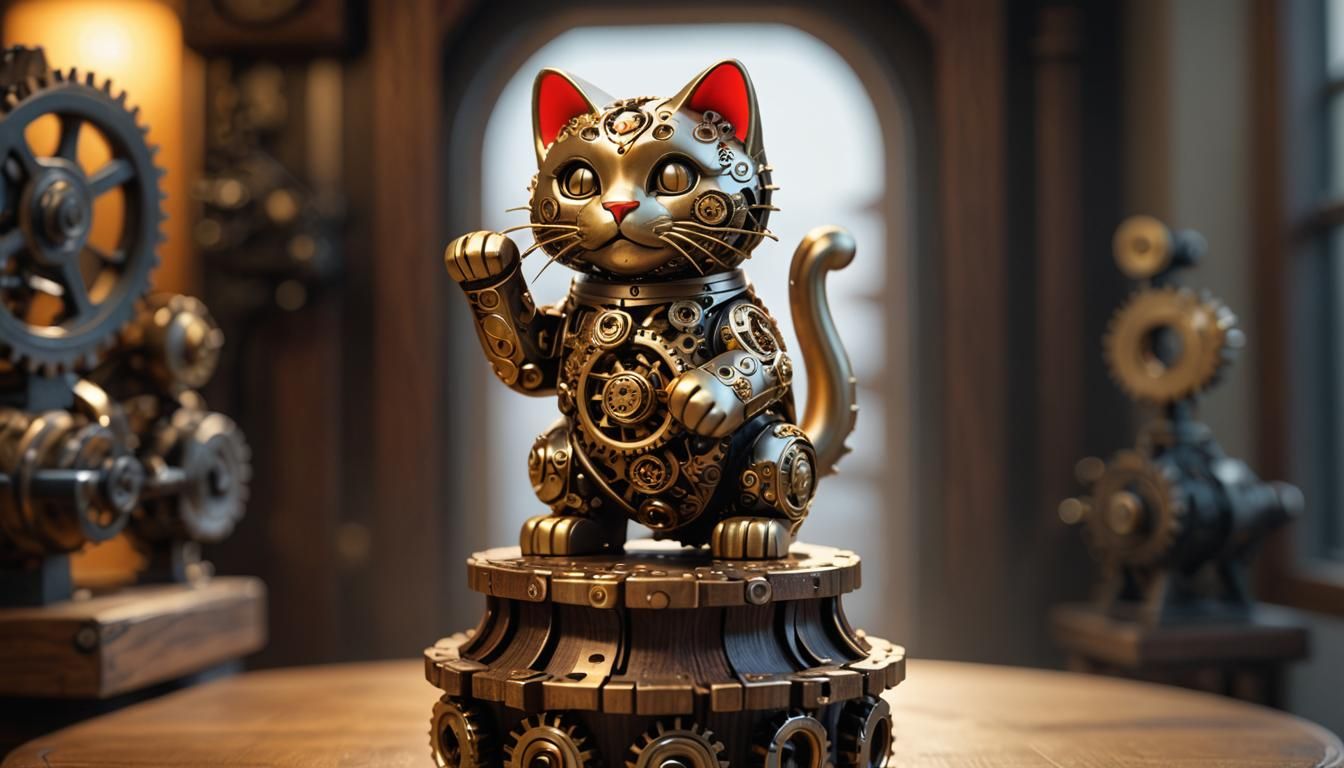 Steampunk Maneki Neko Gear Sculpture in Cel-Shaded Style