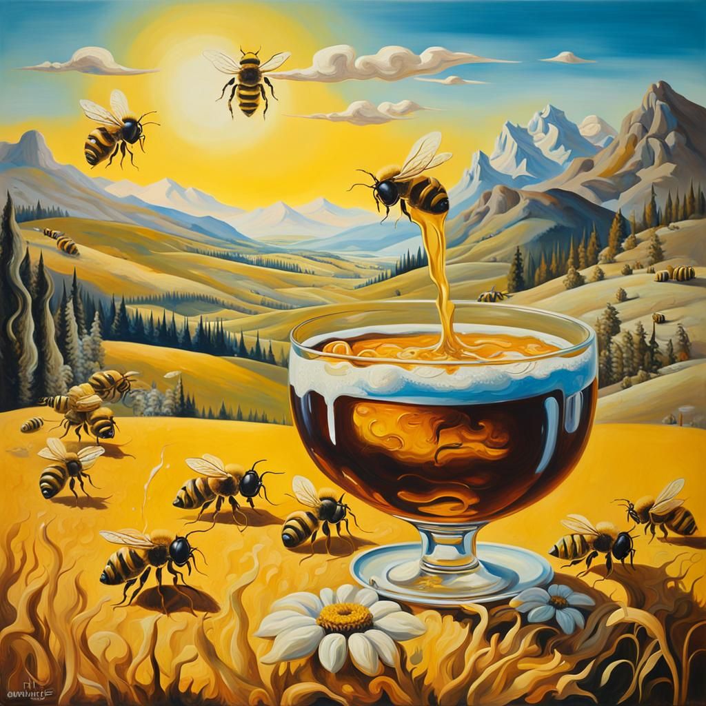 Bees Celebrate Harvest: A Surrealist Oil Painting