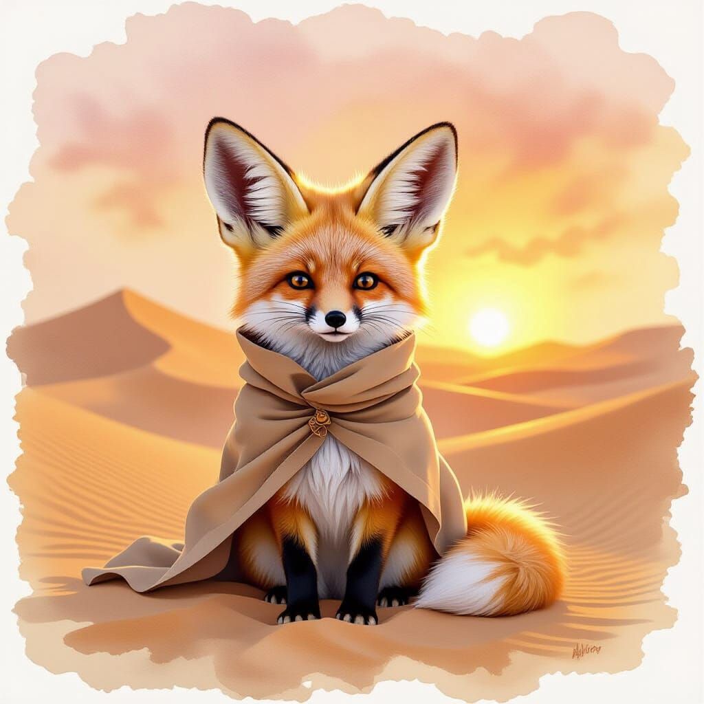 Fennec Fox in Desert Sunrise, Watercolor Art