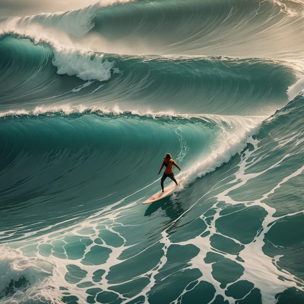 Woman Surfing on Shark in Golden Turquoise Ocean