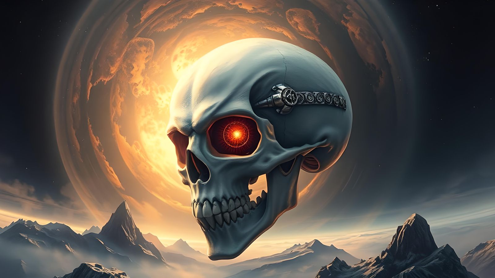 Alien Skull Planet Emerging from Cosmic Nebula