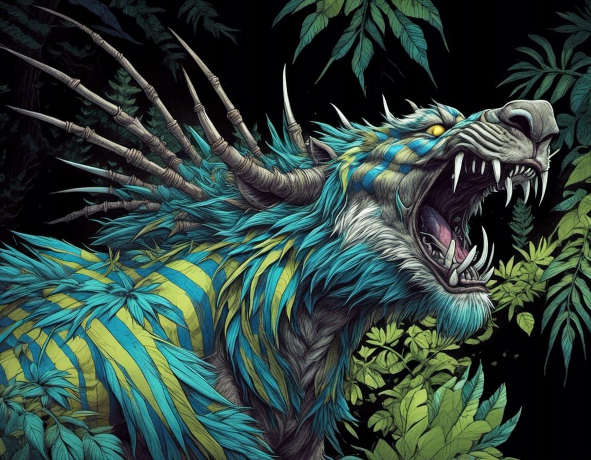 Striped Sabretooth Tiger in a Tropical Jungle Illustration