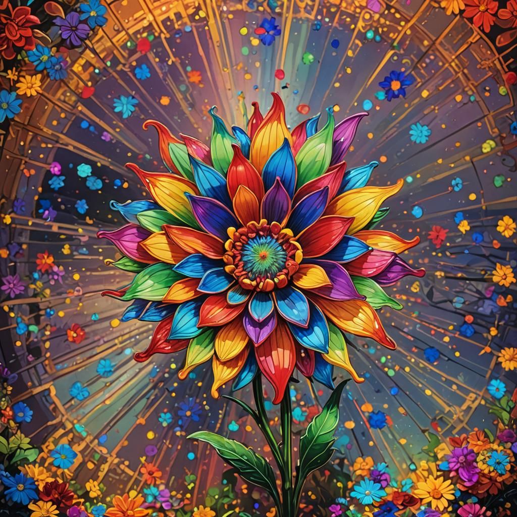 Ornate Glowing Rainbow Flower in Whimsical Style