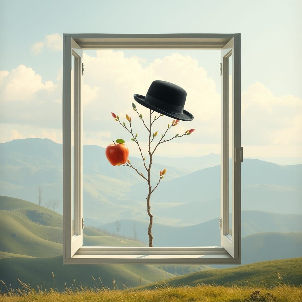 Whimsical Window Scene in Dreamlike Surrealist Style